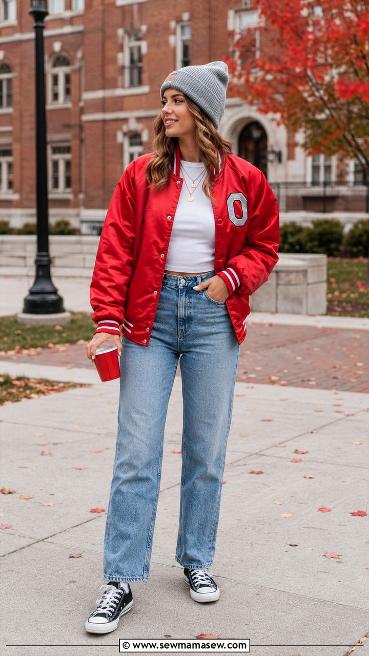 Vintage Ohio State jacket outfit with jeans - 20 Gameday outfit ideas Ohio State
