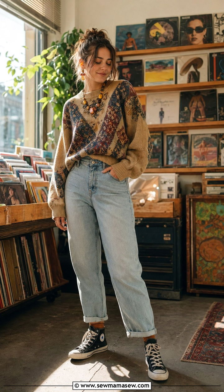 Vintage Oversized Sweater and Mom Jeans Outfit - 35 aesthetic outfits ideas