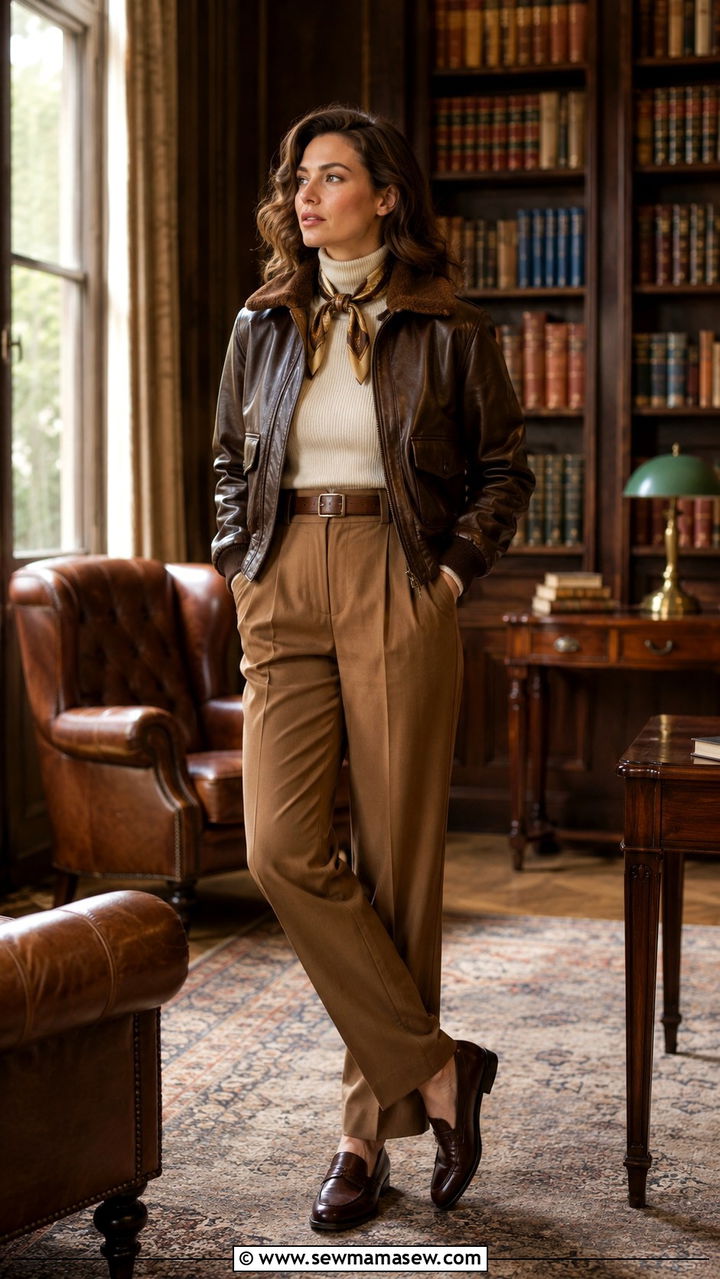 Vintage Pilot Jacket With High Waisted Trousers and Loafers - 25 Pilot outfit ideas