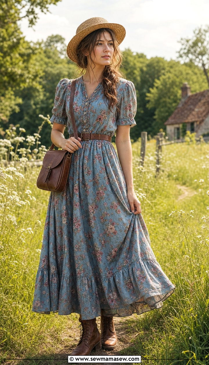 Vintage Prairie Dress with Lace Up Boots - 25 cottagecore capsule wardrobe outfits