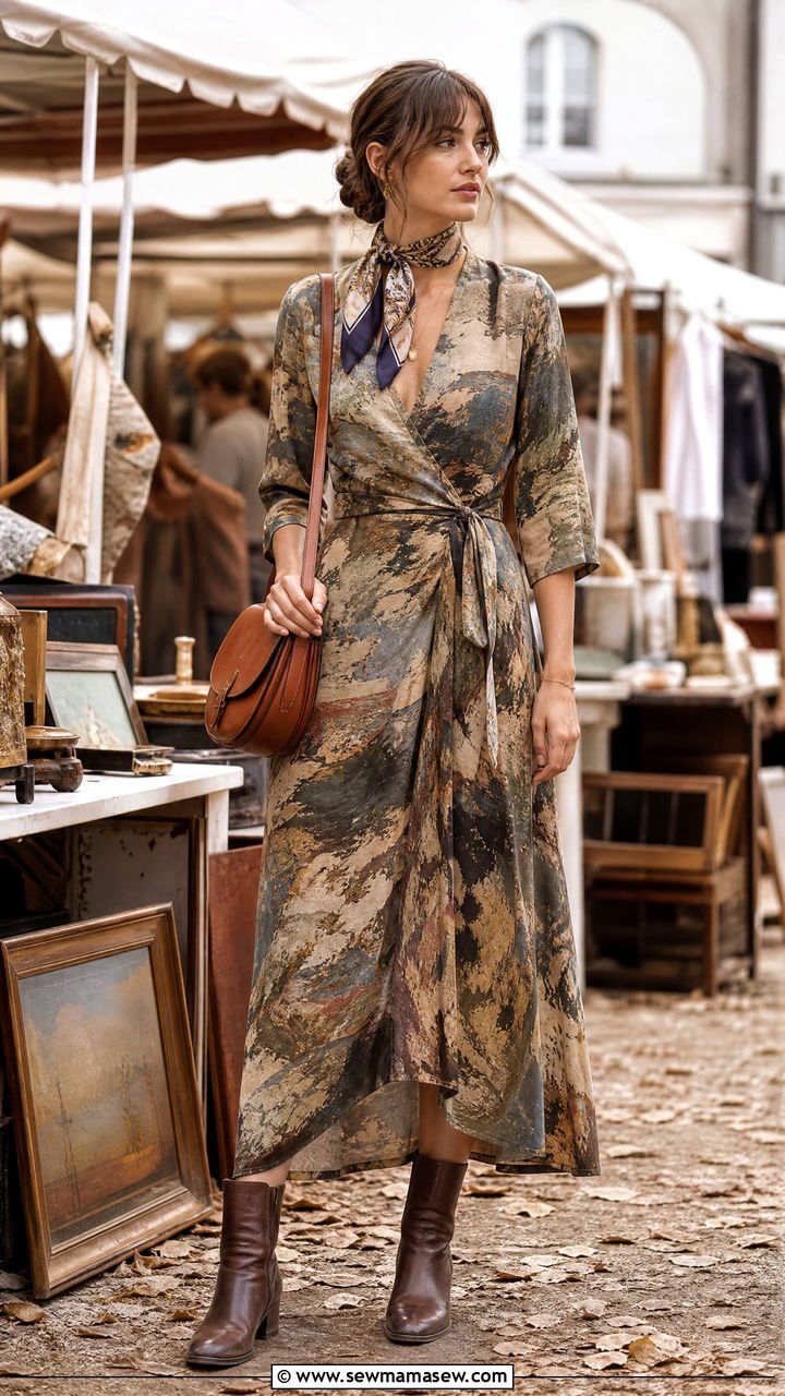 Vintage Print Wrap Dress With Saddle Bag - 25 French girl outfit ideas with Rouje dress