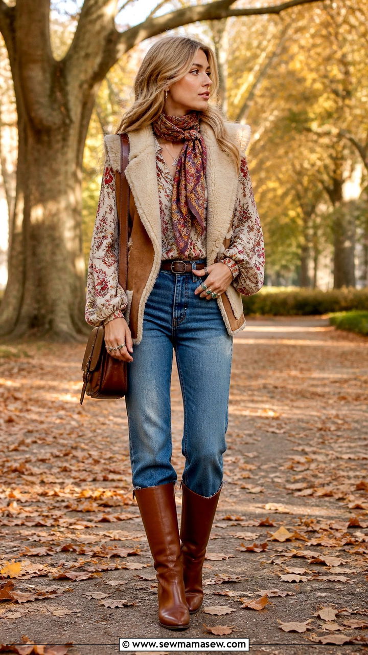 Vintage Shearling Vest with Silk Floral Blouse - 40 Bohemian outfit ideas