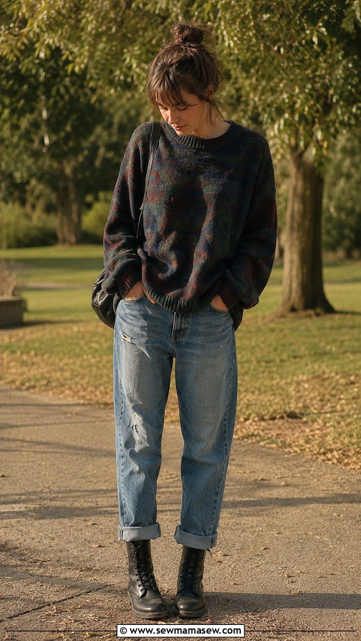 Vintage Sweater and Boyfriend Jeans with Combat Boots - 30 grunge outfits inspo
