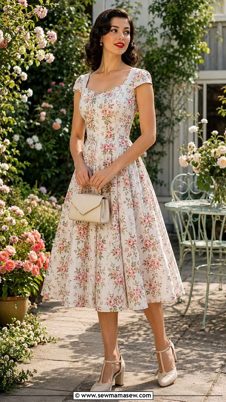 Vintage Tea Dress With Retro Heels - 30 Bottomless brunch outfit ideas