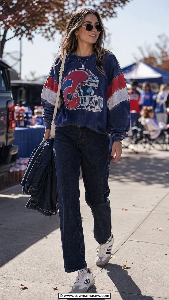 Vintage Team Sweatshirt with Dark Wash Jeans and Retro Sneakers - 35 Football game outfit ideas for women