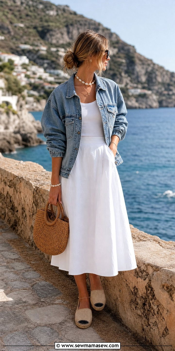 Vintage Wash Denim Bomber Jacket With A White Midi Skirt - 25 Summer outfits with bomber jackets