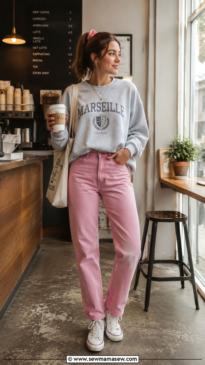 Vintage Wash Sweatshirt With Pink Jeans and Retro Sneakers - 30 Pink jeans outfit ideas