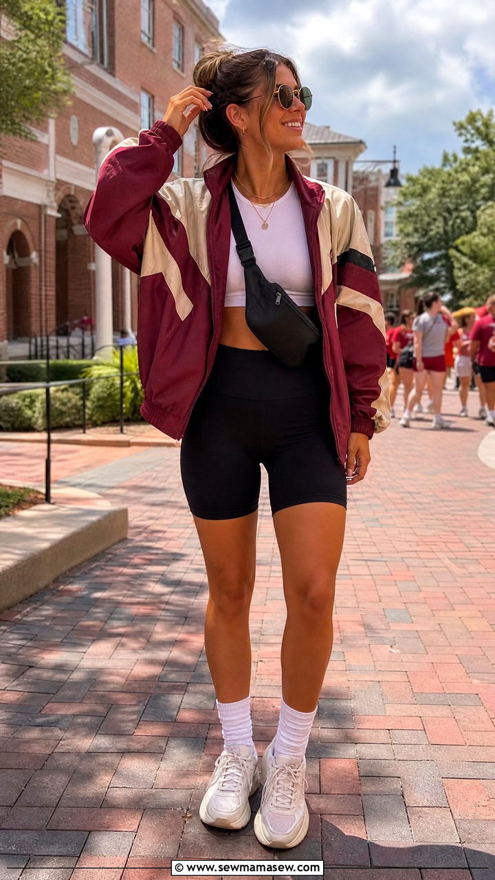 Vintage Windbreaker with Bike Shorts - 35 Gameday outfit ideas college