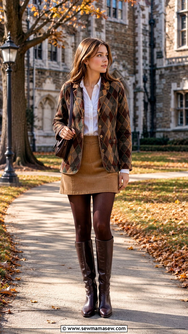 Vintage argyle blazer with corduroy mini skirt outfit - 30 Vintage blazer outfit ideas