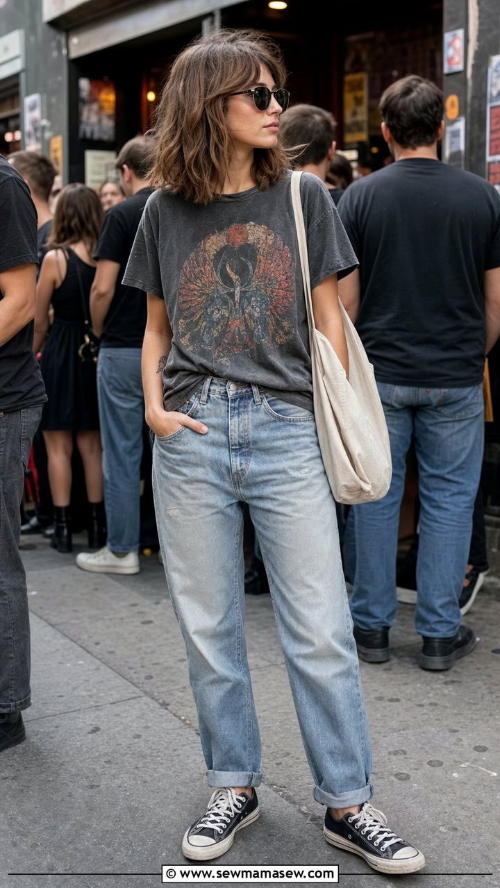 Vintage band tee and boyfriend jeans outfit - 35 casual concert outfits