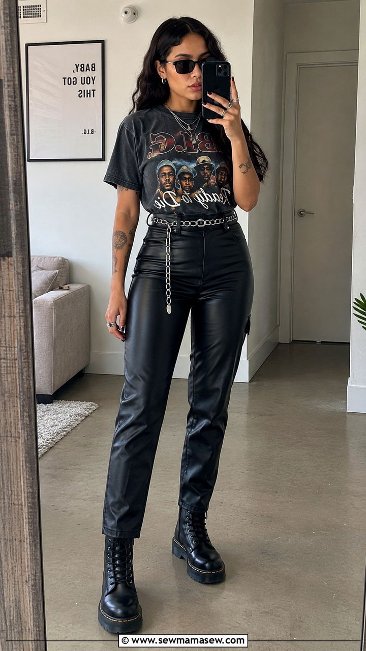 Vintage band tee and leather pants - 25 Rock The Bells outfit ideas