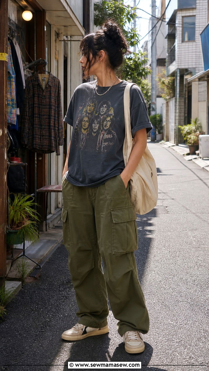 Vintage band tee and relaxed cargo pants for Shimokitazawa thrifting - 40 What to wear in Tokyo