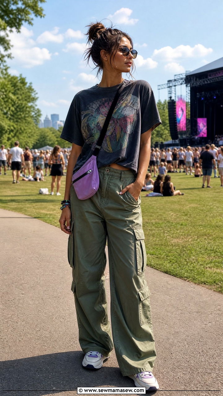 Vintage band tee and wide leg cargo pants - 20 Olivia Rodrigo concert outfit ideas