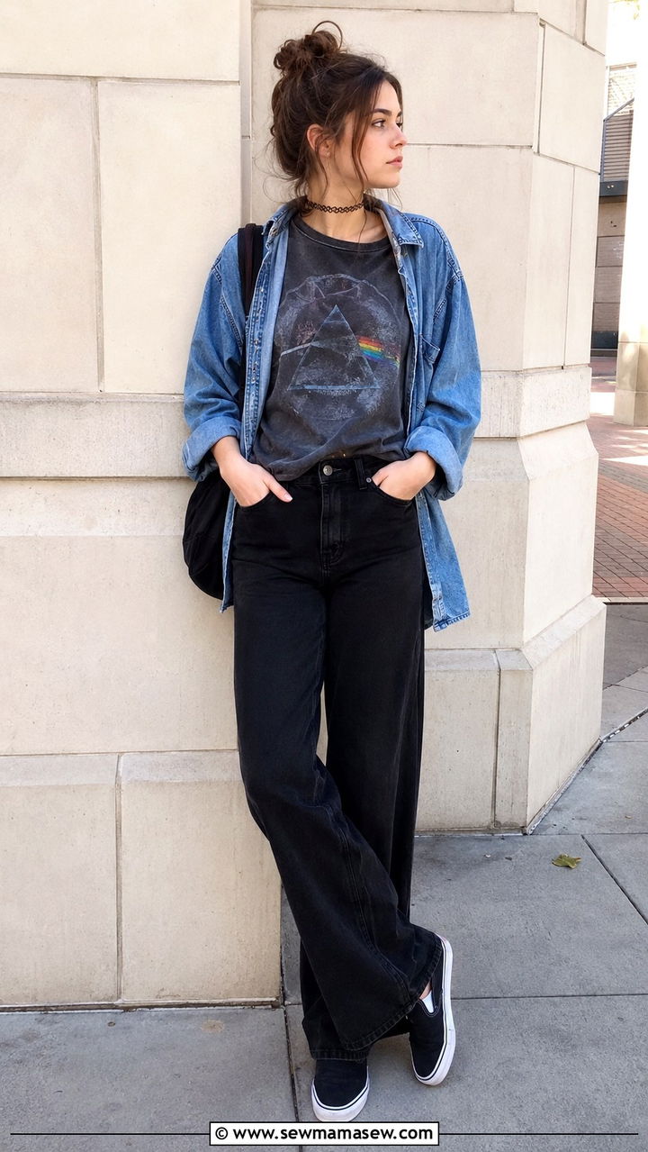 Vintage band tee and wide leg jeans outfit - 30 Spring outfits for college girls