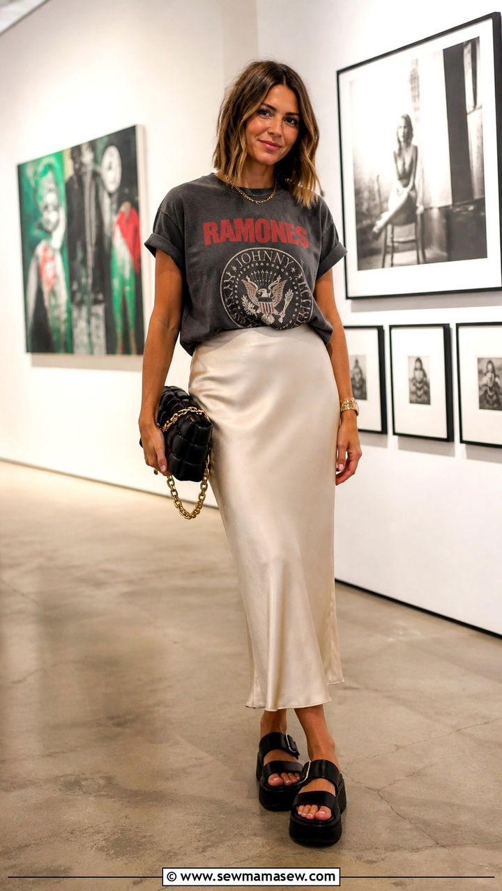 Vintage band tee with a satin midi skirt - 40 Cute summer outfits