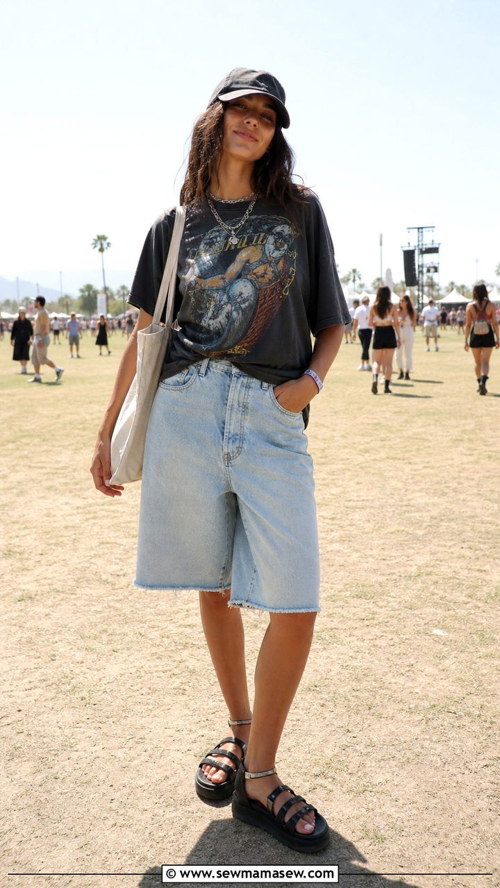 Vintage band tee with baggy jorts - 40 festival outfits ideas