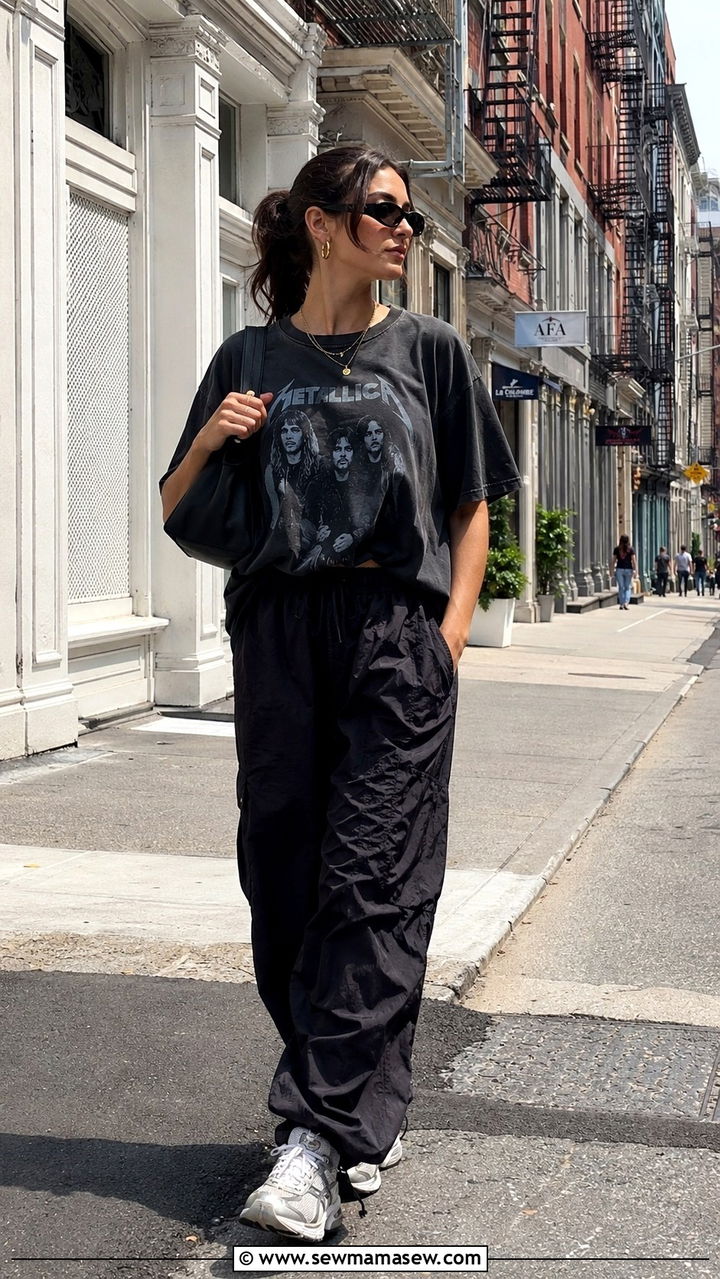 Vintage band tee with parachute pants - 30 Gym outfit ideas 2026