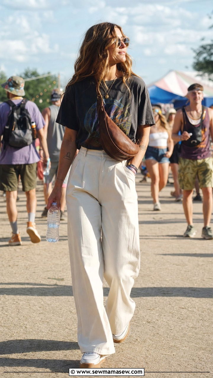 Vintage band tee with wide leg trousers - 35 Bonnaroo outfit ideas