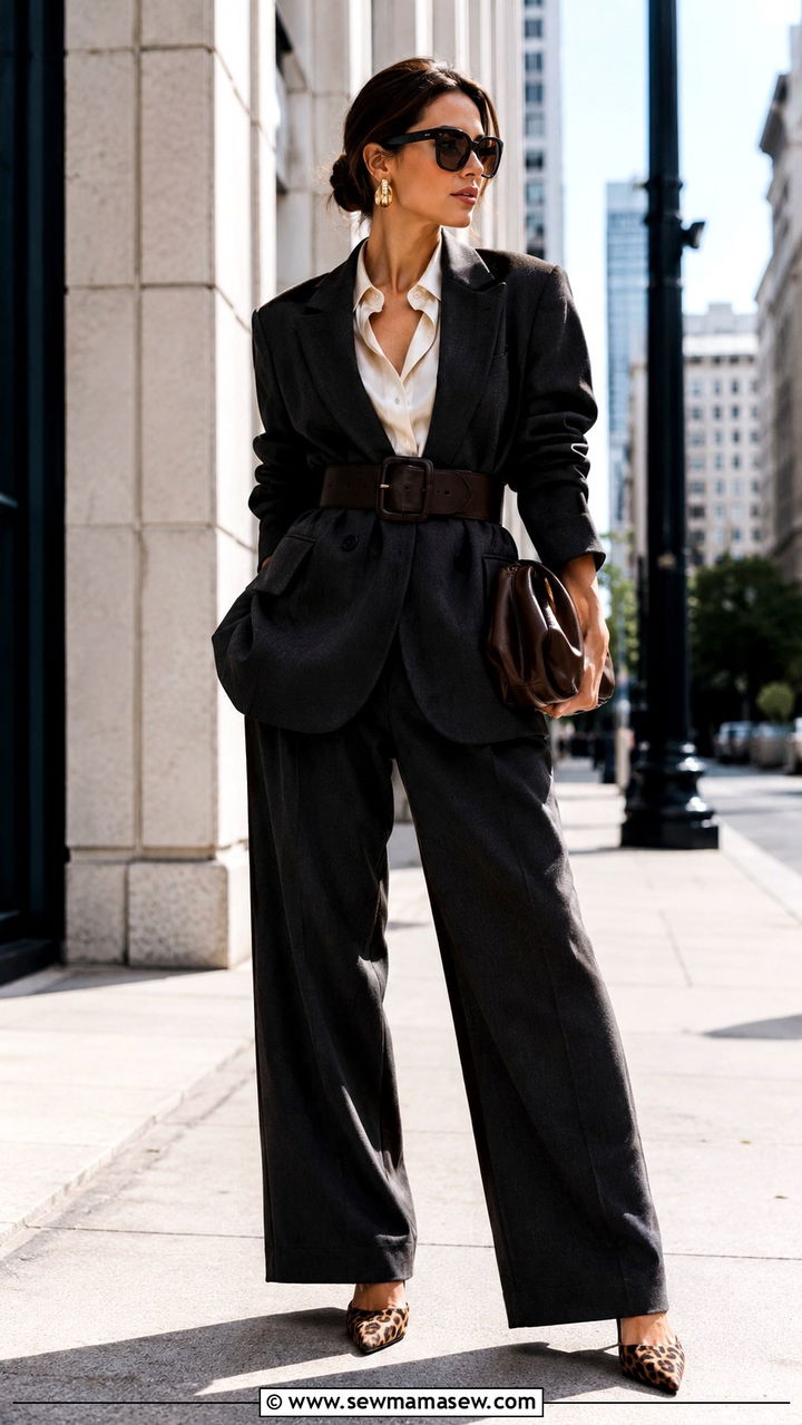 Vintage belt cinched blazer with wide leg trousers outfit - 30 Vintage blazer outfit ideas