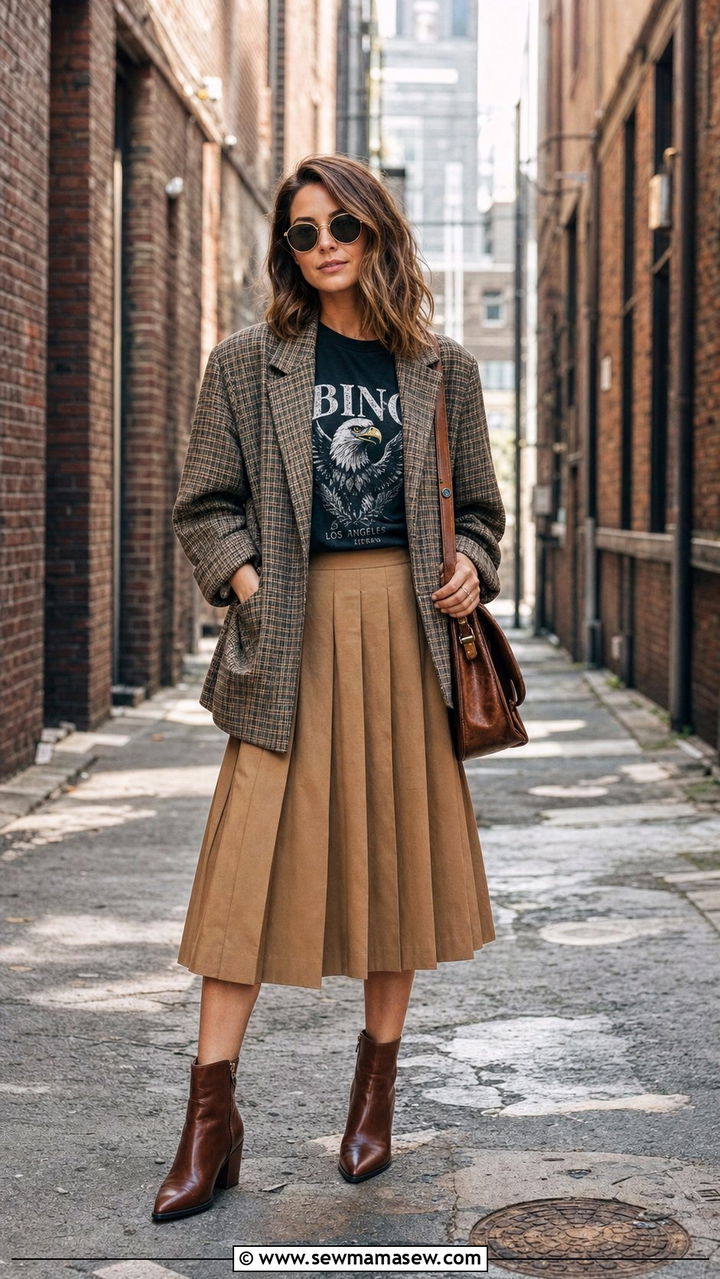 Vintage blazer with graphic tee and pleated skirt - 25 Dark academia outfit ideas 2026