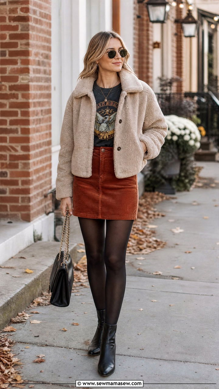 Vintage brand logo tee with a corduroy mini skirt and tights - 25 Vintage t-shirt outfit ideas