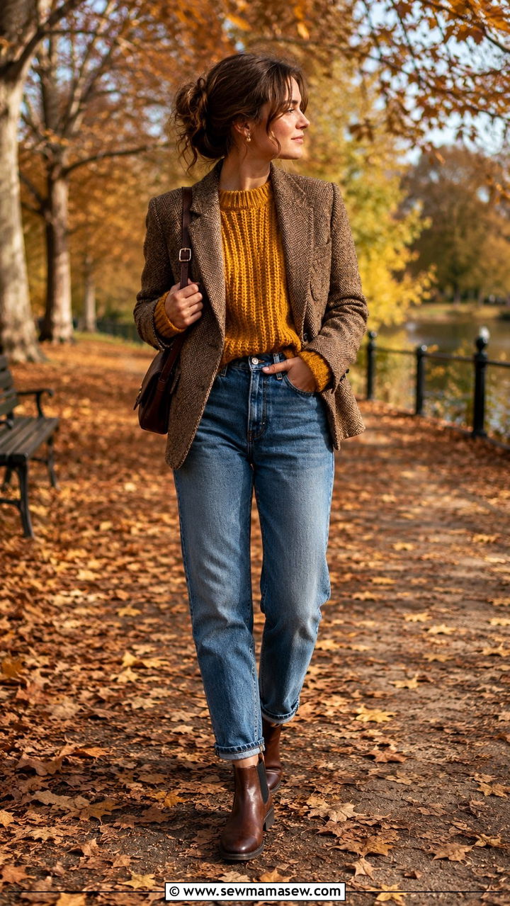 Vintage brown tweed blazer with mustard knit and jeans outfit - 30 Vintage blazer outfit ideas