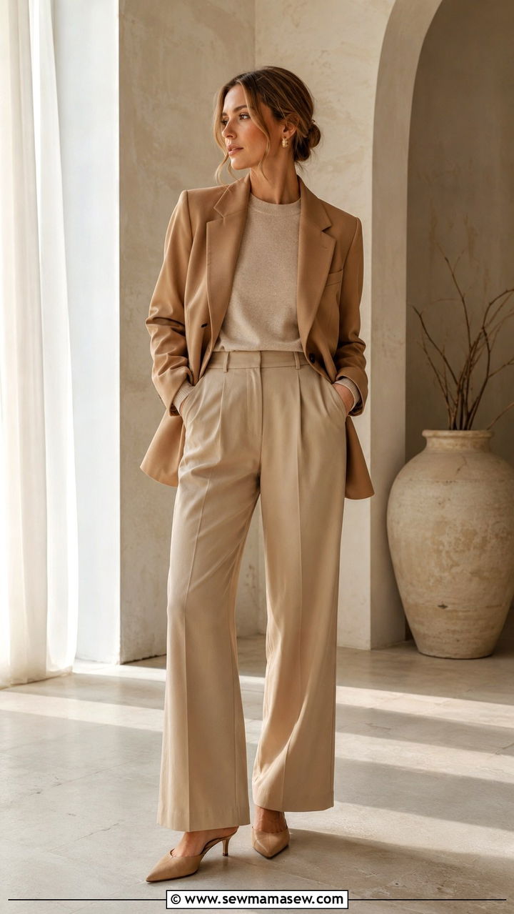 Vintage camel blazer with monochrome beige outfit - 30 Vintage blazer outfit ideas