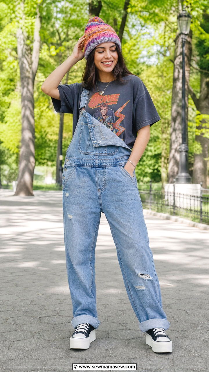 Vintage cartoon tee with overalls and platform sneakers - 25 Vintage t-shirt outfit ideas