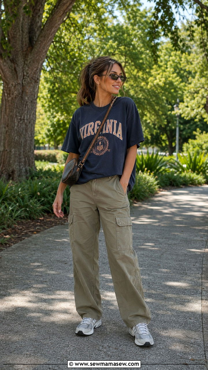 Vintage college tee with cargo pants and dad sneakers - 25 Vintage t-shirt outfit ideas