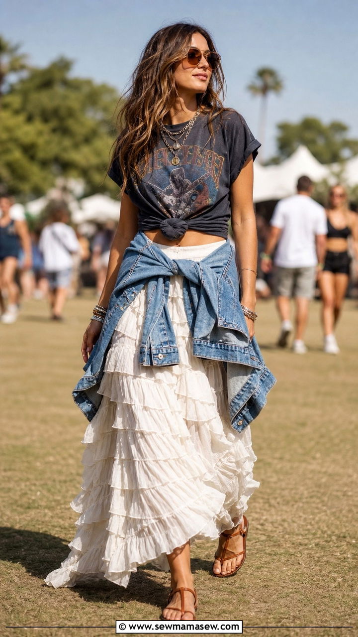 Vintage concert tee with tiered ruffled maxi skirt - 40 Coachella outfit ideas