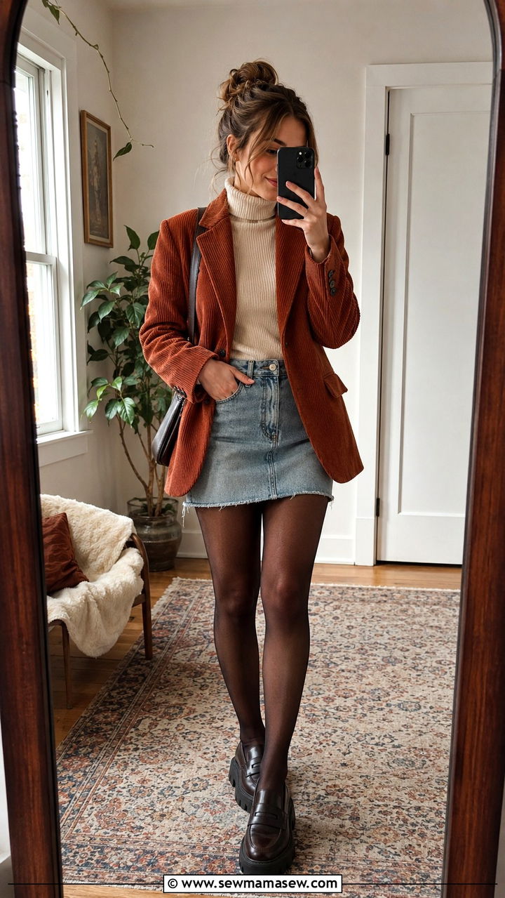 Vintage corduroy blazer with denim mini skirt outfit - 30 Vintage blazer outfit ideas