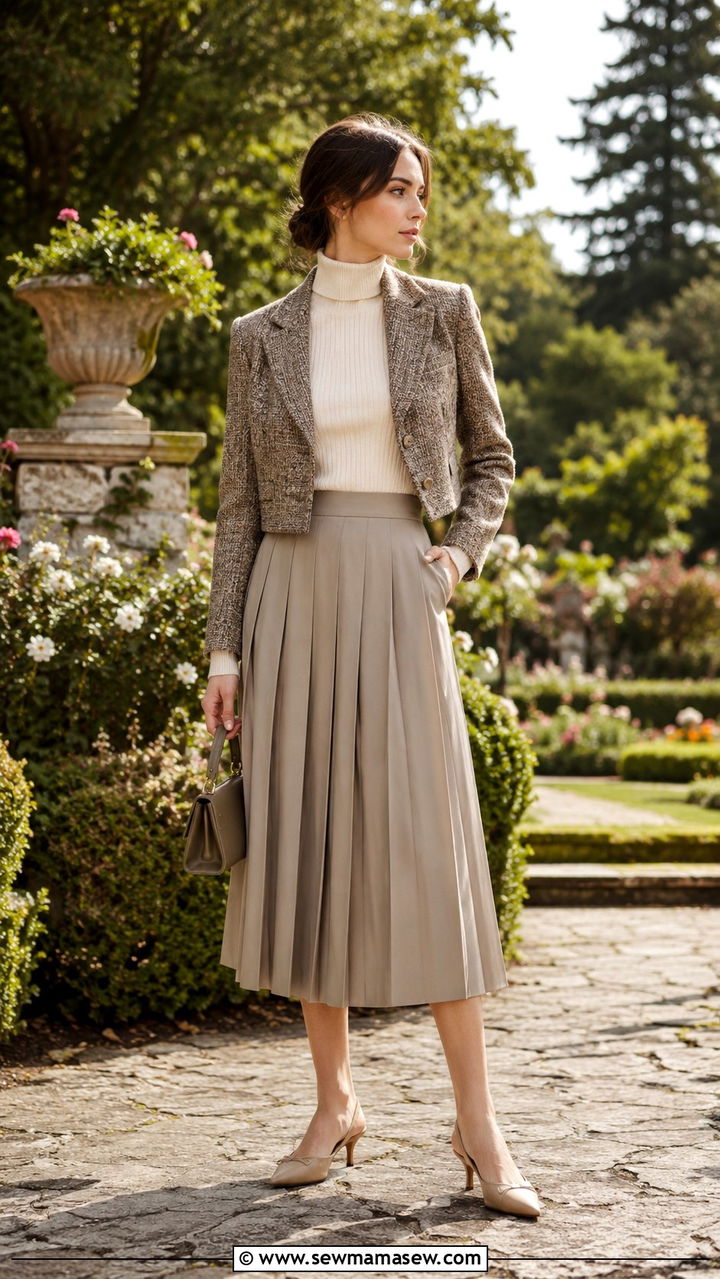 Vintage cropped tweed blazer with high waist pleated skirt outfit - 30 Vintage blazer outfit ideas