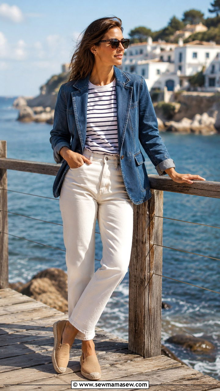 Vintage denim blazer with white jeans and striped tee outfit - 30 Vintage blazer outfit ideas