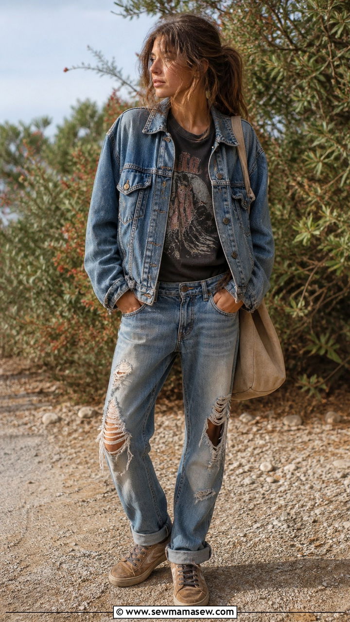 Vintage denim jacket and distressed jeans - 40 Denim on denim outfit ideas