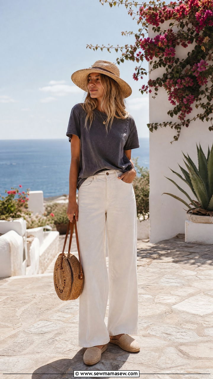 Vintage faded tee with white jeans and a straw hat - 25 Vintage t-shirt outfit ideas