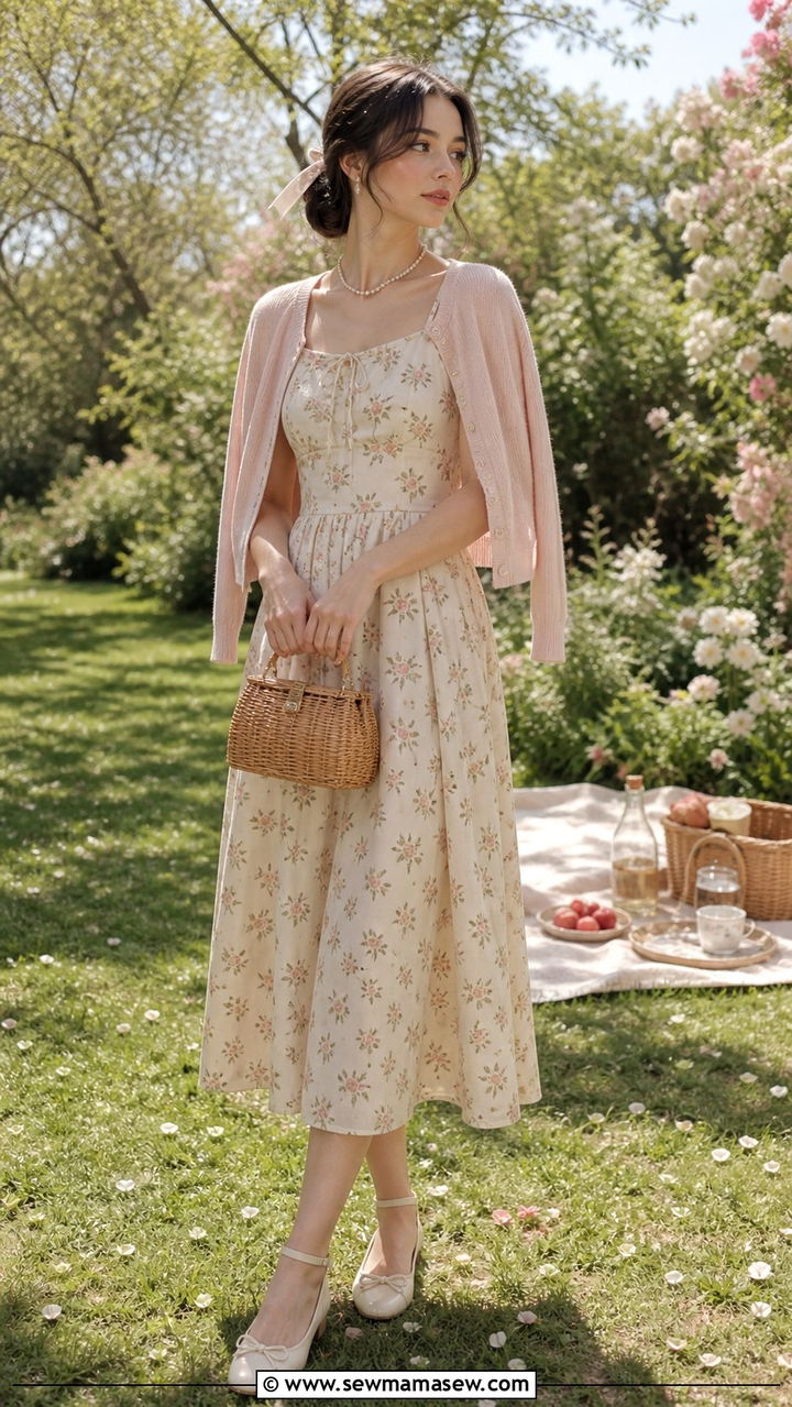 Vintage floral dress with cardigan and ankle strap flats outfit - 40 light academia outfits