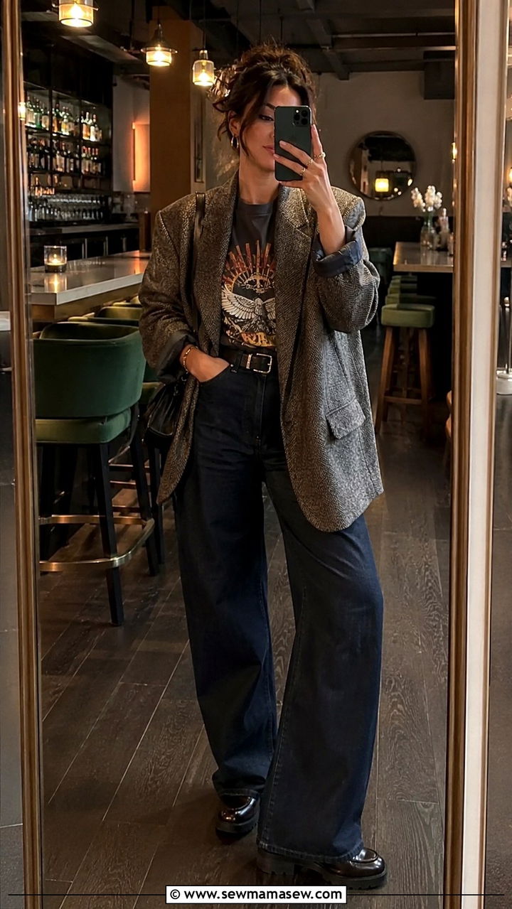 Vintage graphic tee under a blazer with wide leg jeans - 20 Eclectic grandpa outfit ideas 2026