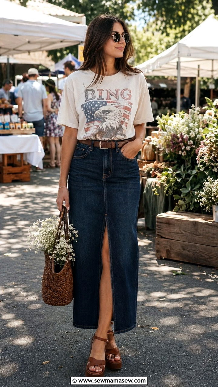 Vintage graphic tee with a long denim skirt and platform sandals - 25 Vintage t-shirt outfit ideas