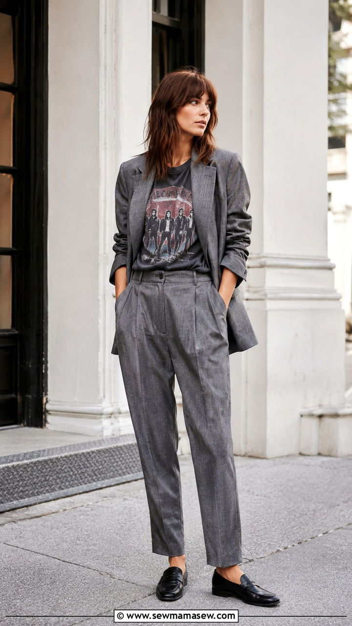 Vintage gray flannel blazer with graphic tee and trousers outfit - 30 Vintage blazer outfit ideas