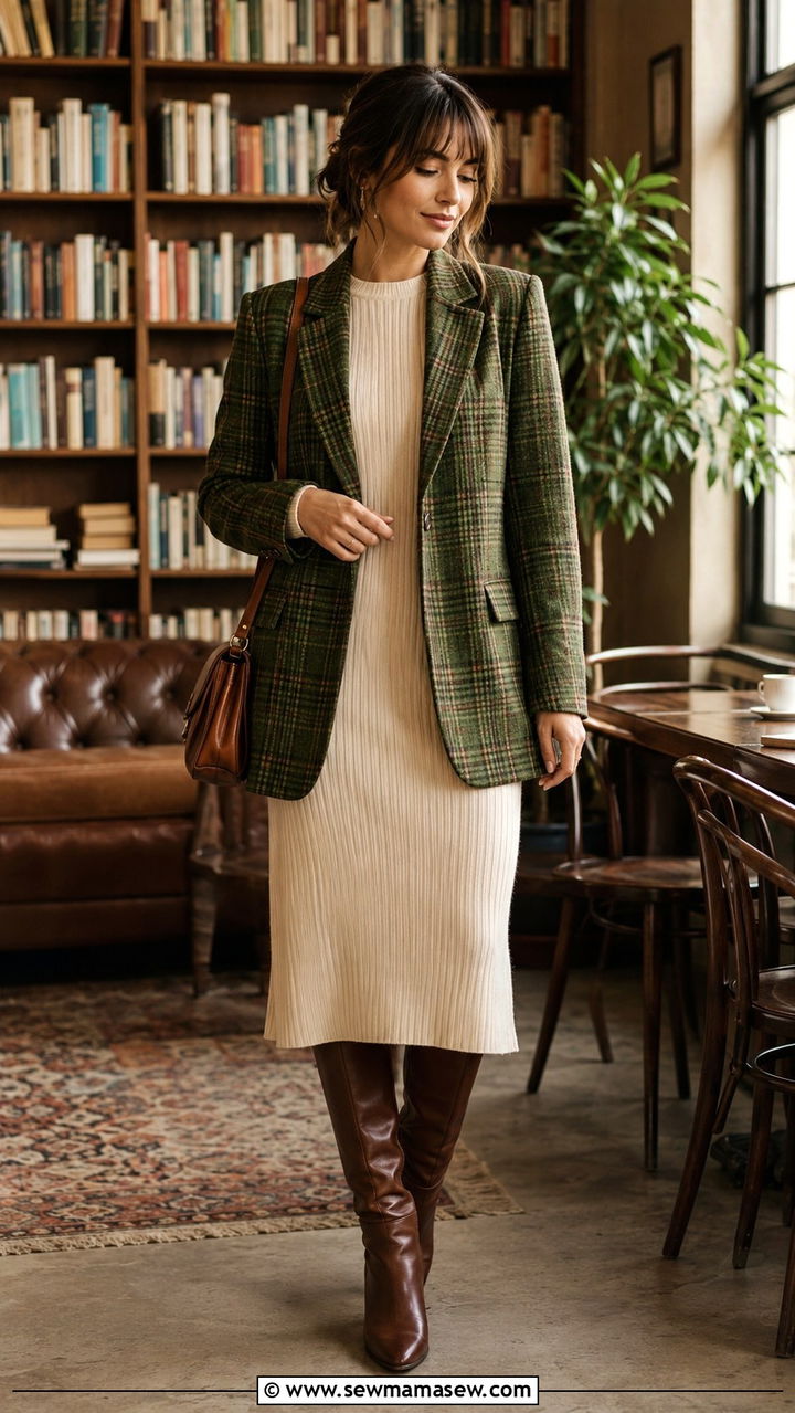 Vintage green plaid blazer with knit midi dress outfit - 30 Vintage blazer outfit ideas