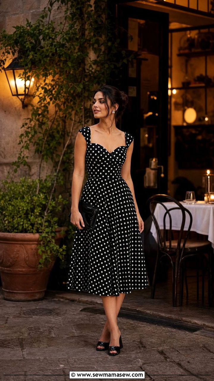Vintage inspired polka dot dress with block heels - 25 summer italian girl outfit ideas