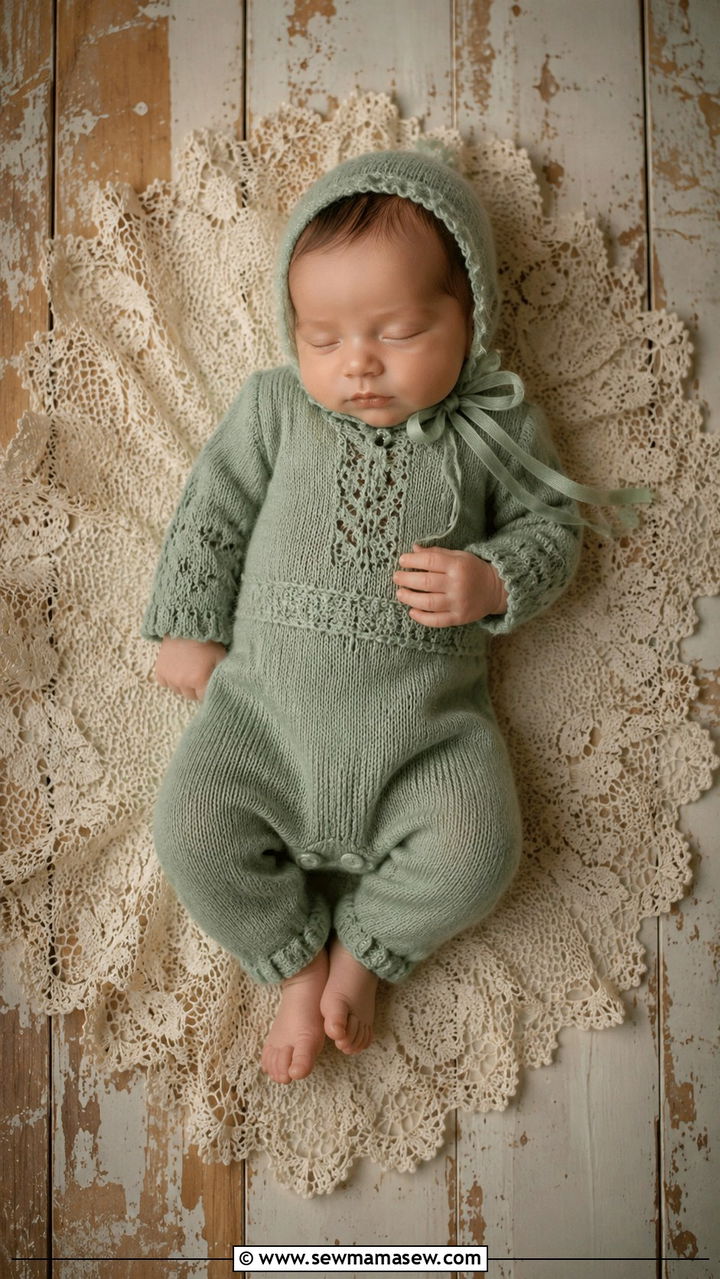 Vintage knit romper newborn photo look - 25 Newborn photoshoot outfit ideas