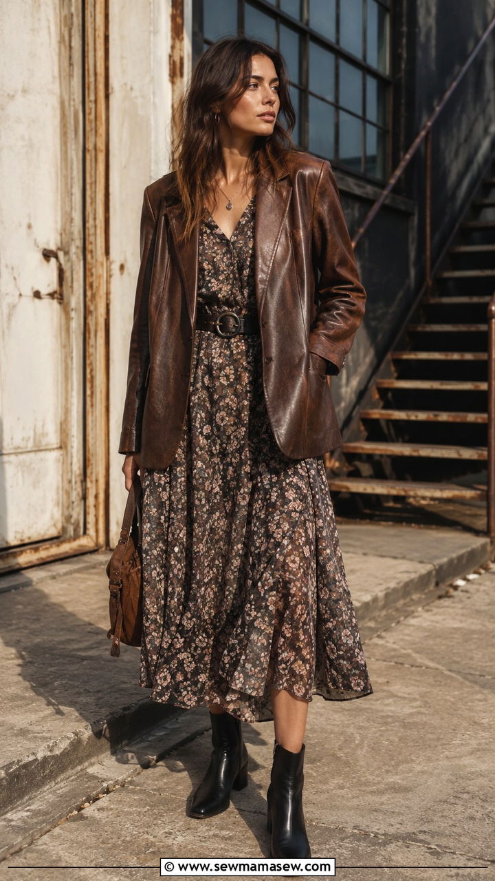 Vintage leather blazer with floral midi dress outfit - 30 Vintage blazer outfit ideas