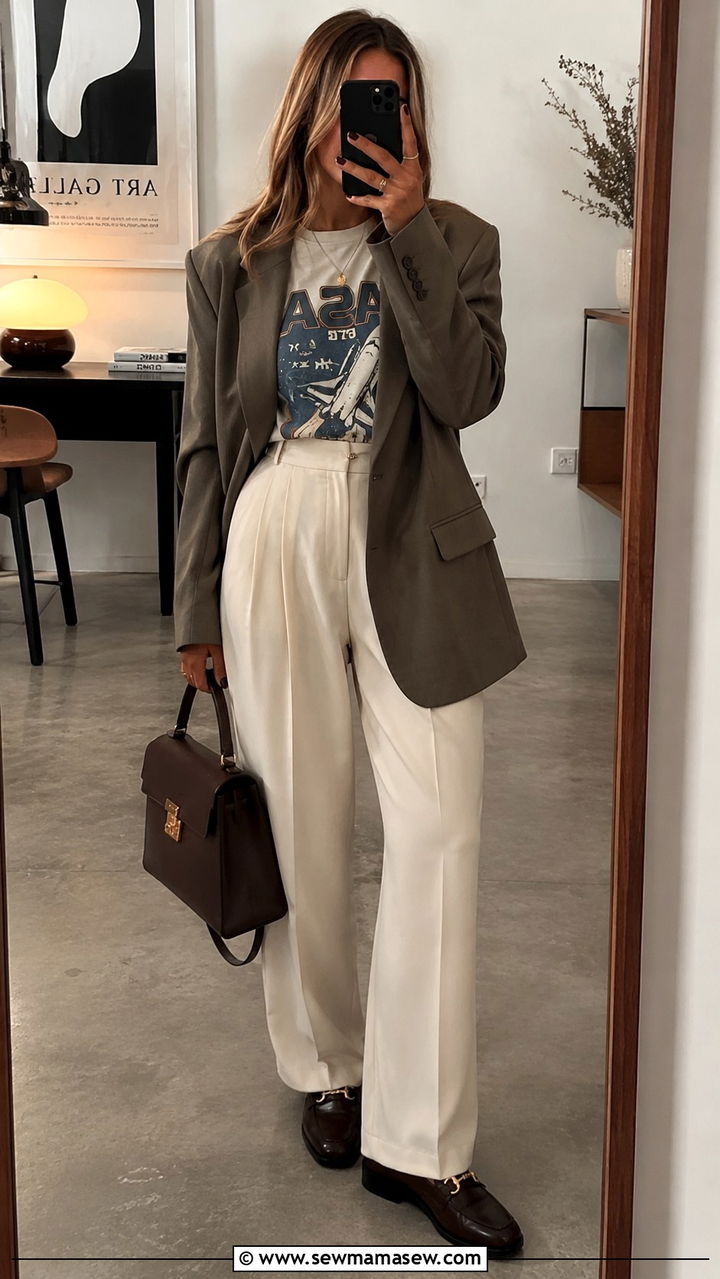 Vintage logo tee with tailored trousers and a blazer - 25 Vintage t-shirt outfit ideas