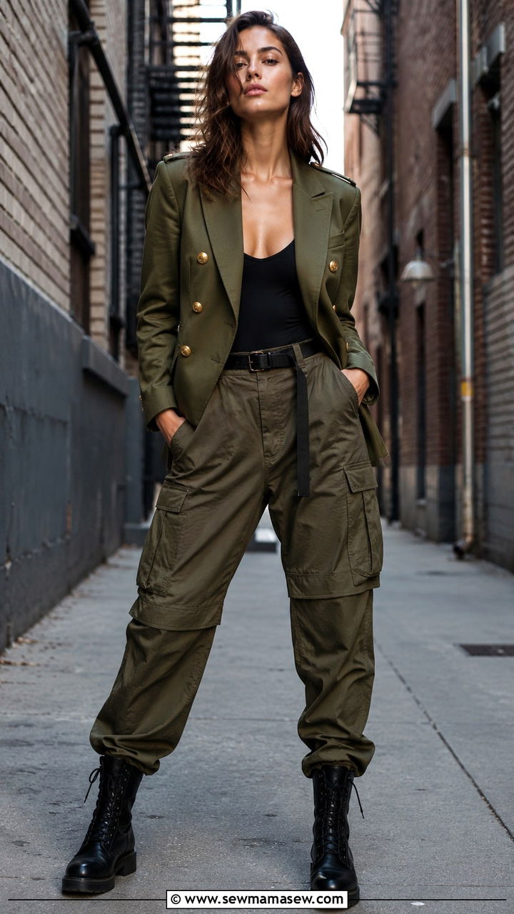 Vintage military style blazer with cargo pants outfit - 30 Vintage blazer outfit ideas