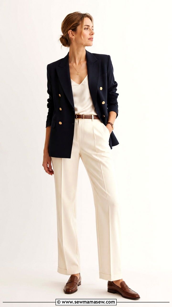Vintage navy double breasted blazer with cream trousers outfit - 30 Vintage blazer outfit ideas