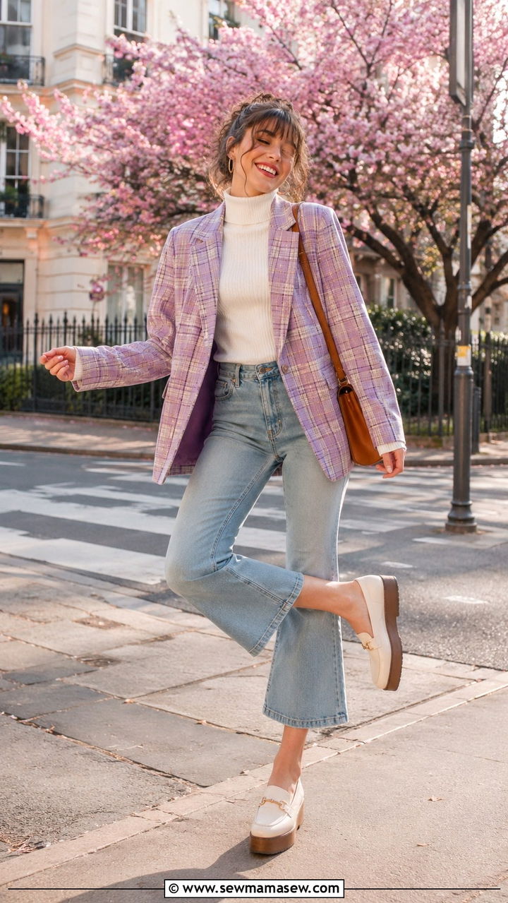 Vintage pastel check blazer with cropped kick flare jeans outfit - 30 Vintage blazer outfit ideas