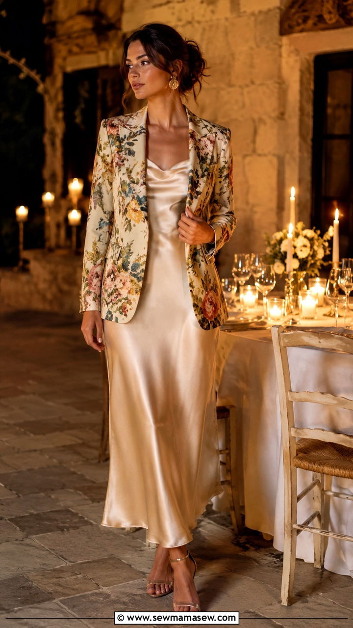 Vintage printed silk blazer with solid slip dress outfit - 30 Vintage blazer outfit ideas