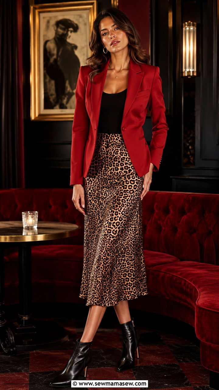 Vintage red blazer with leopard print midi skirt outfit - 30 Vintage blazer outfit ideas