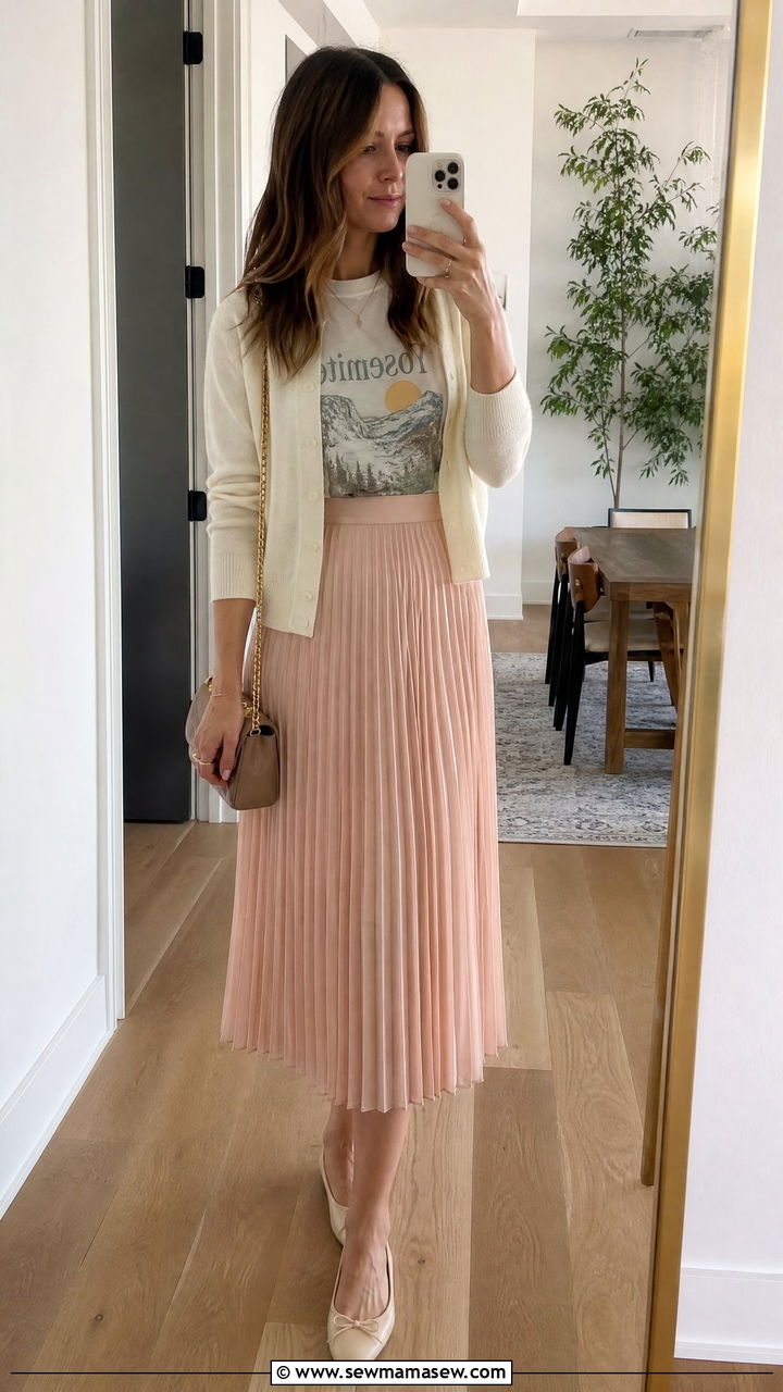 Vintage souvenir tee with a midi pleated skirt and ballet flats - 25 Vintage t-shirt outfit ideas